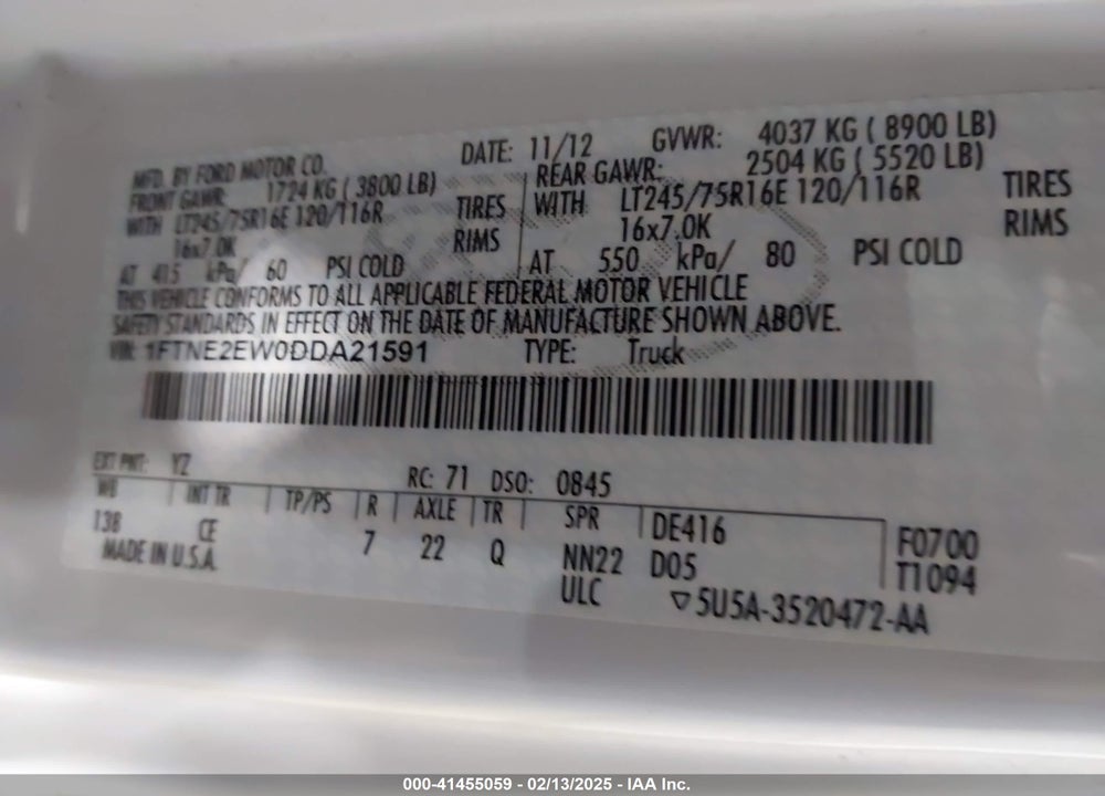 2013 FORD E-250 COMMERCIAL VIN: 1FTNE2EW0DDA21591