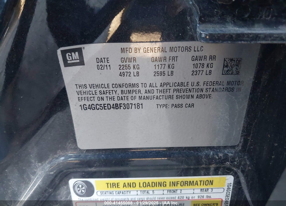 2011 BUICK LACROSSE CXL VIN: 1G4GC5ED4BF307181