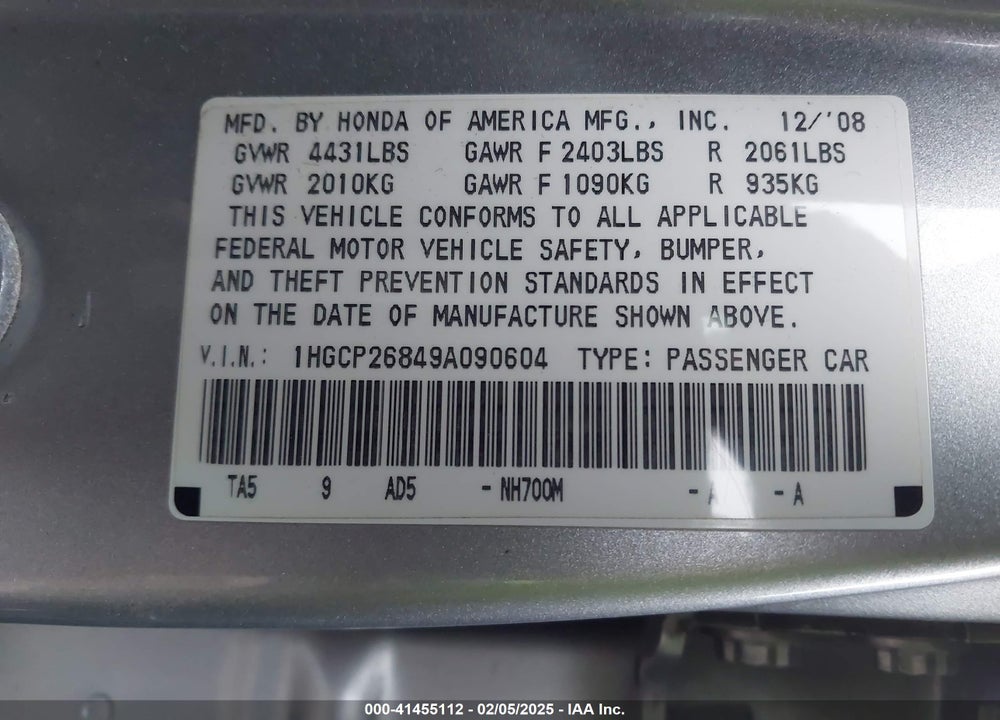 2009 HONDA ACCORD VIN: 1HGCP26849A090604
