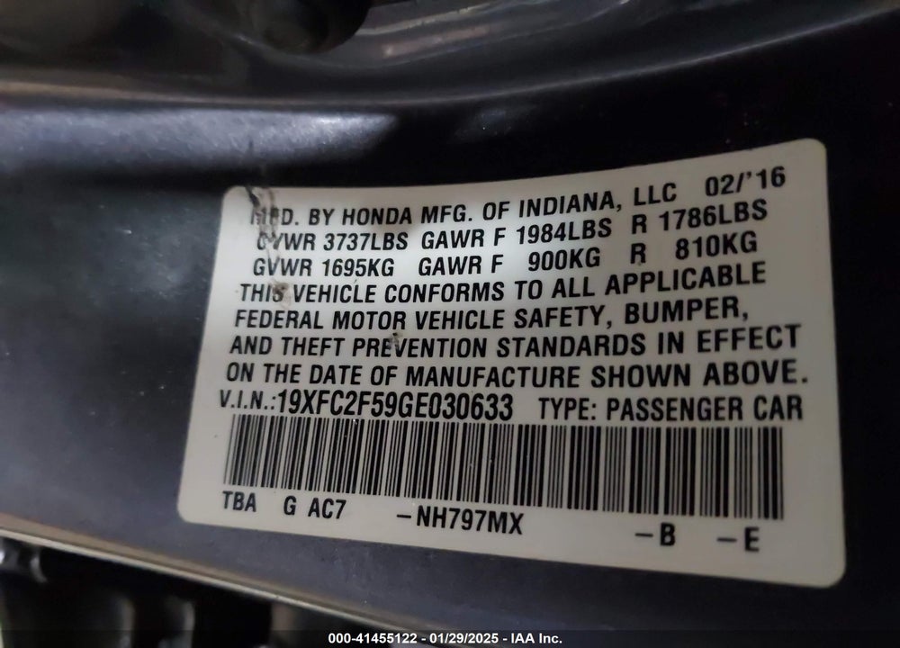 2016 HONDA CIVIC VIN: 19XFC2F59GE030633