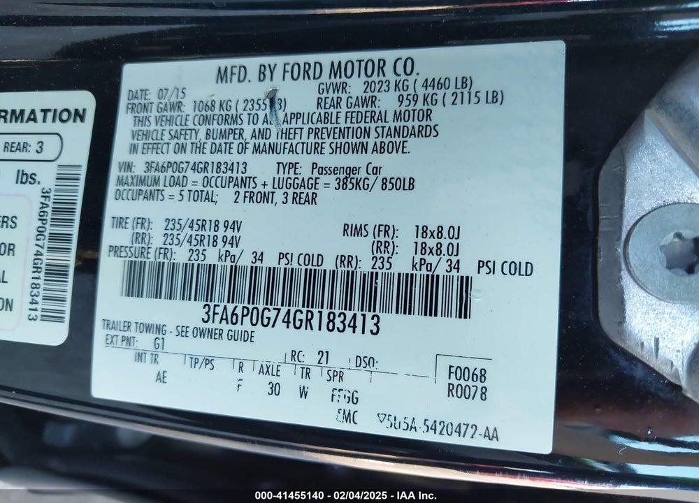 2016 FORD FUSION S VIN: 3FA6P0G74GR183413