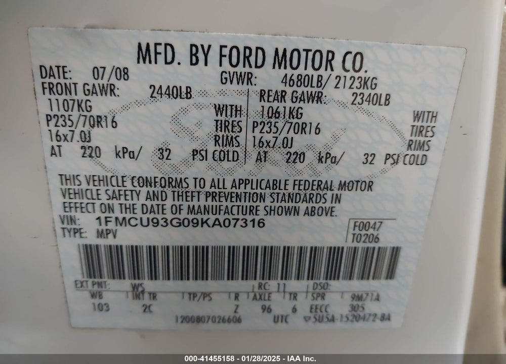2009 FORD ESCAPE XLT VIN: 1FMCU93G09KA07316