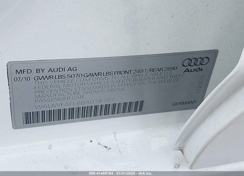 2011 AUDI A4 VIN: WAUWFAFL6BA018707