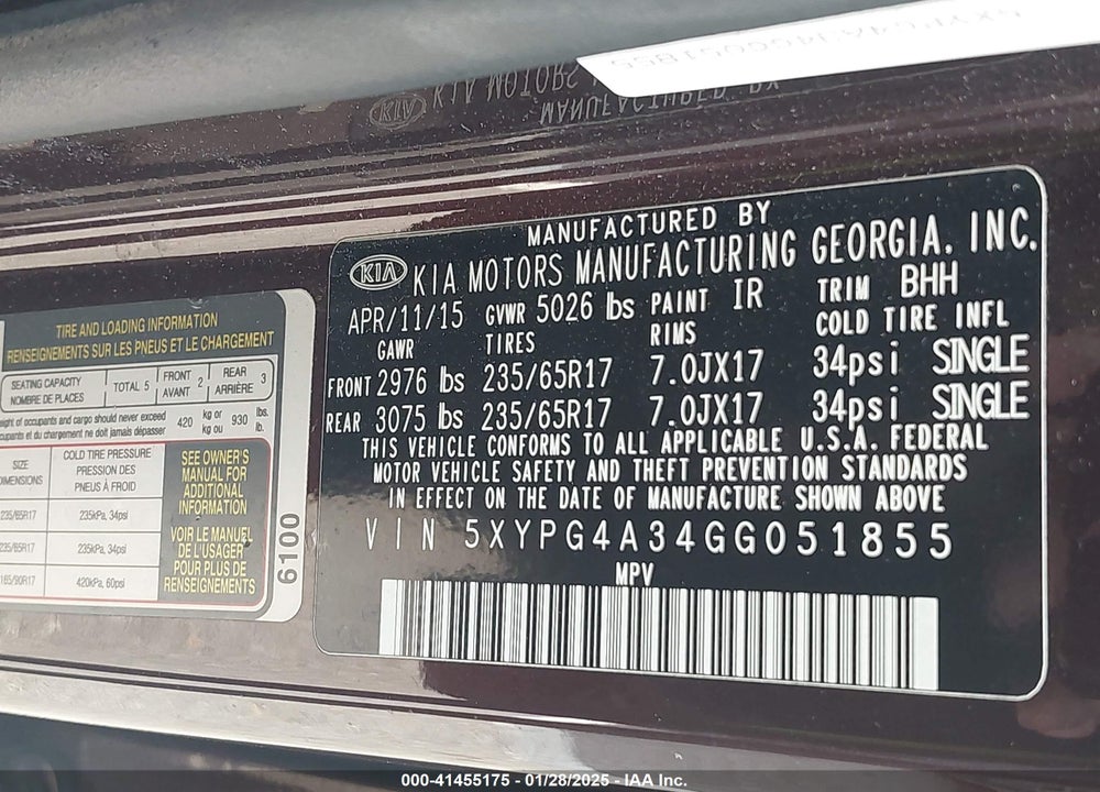 2016 KIA SORENTO 2.4L LX VIN: 5XYPG4A34GG051855