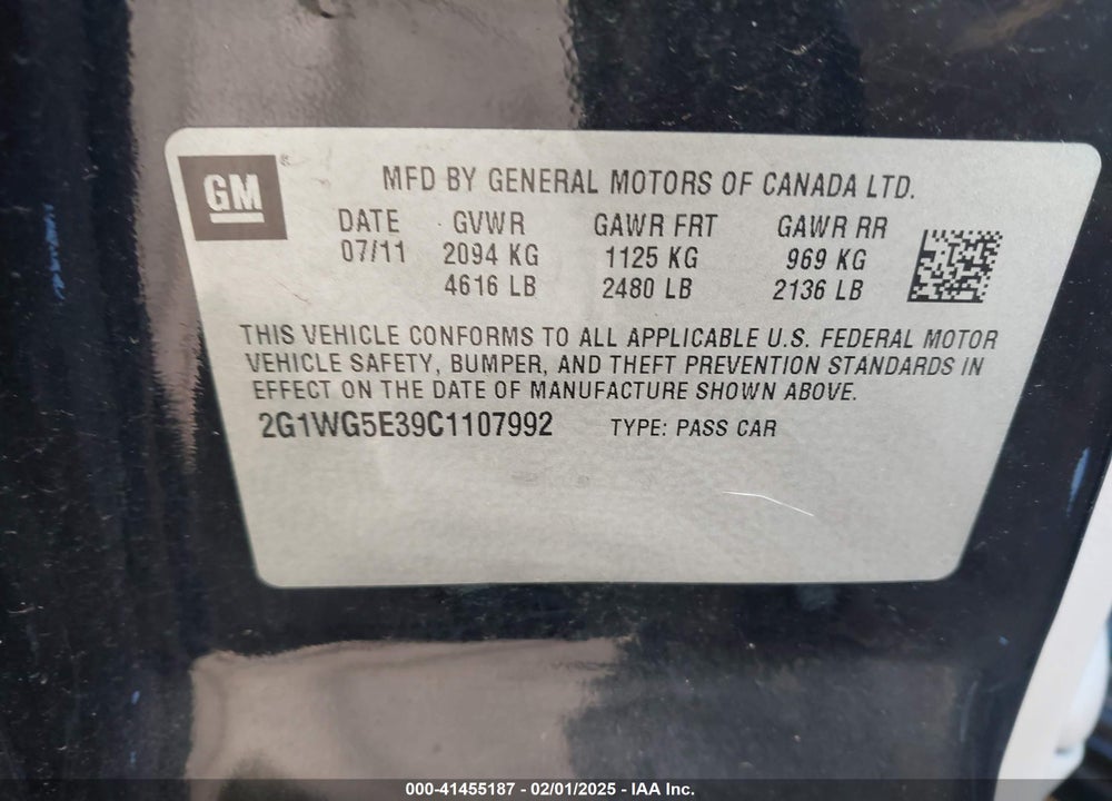 2012 CHEVROLET IMPALA VIN: 2G1WG5E39C1107992
