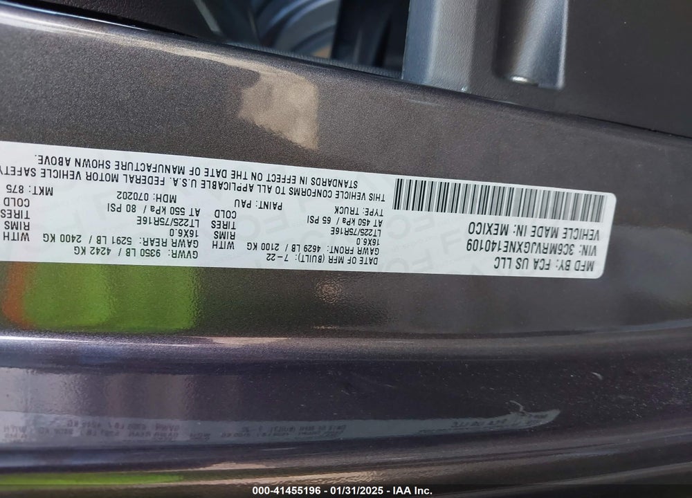 2022 RAM PROMASTER 3500 CARGO VAN HIGH ROOF 159 WB EXT VIN: 3C6MRVJGXNE140109