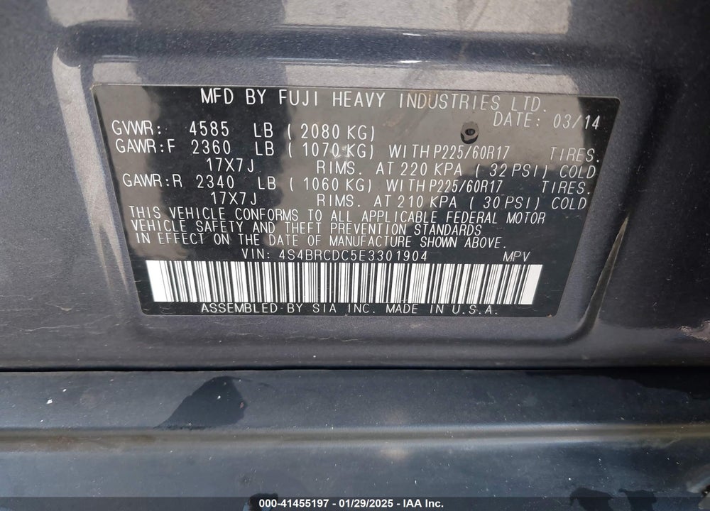 2014 SUBARU OUTBACK VIN: 4S4BRCDC5E3301904