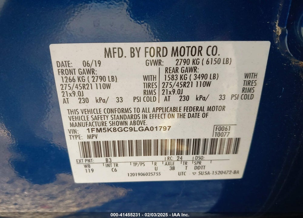 2020 FORD EXPLORER ST VIN: 1FM5K8GC9LGA01797