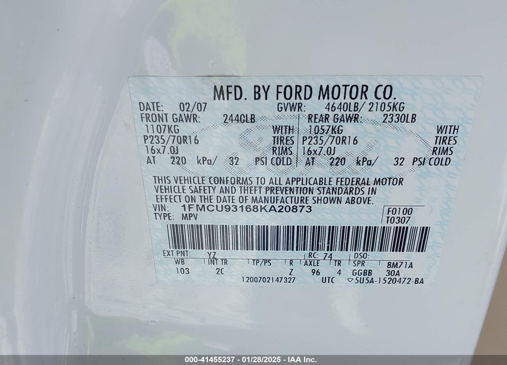 2008 FORD ESCAPE XLT VIN: 1FMCU93168KA20873