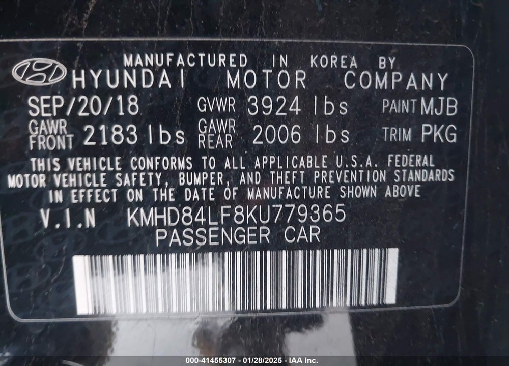 2019 HYUNDAI ELANTRA VALUE EDITION VIN: KMHD84LF8KU779365