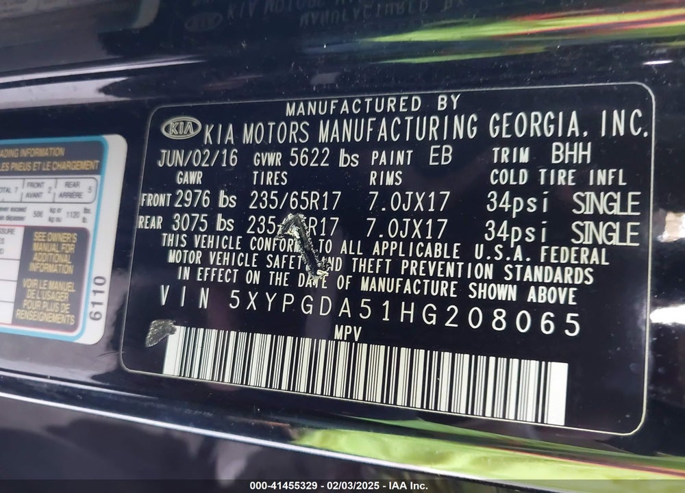 2017 KIA SORENTO 3.3L LX VIN: 5XYPGDA51HG208065