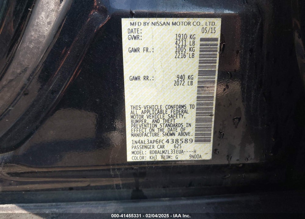 2015 NISSAN ALTIMA VIN: 1N4AL3AP6FC438589