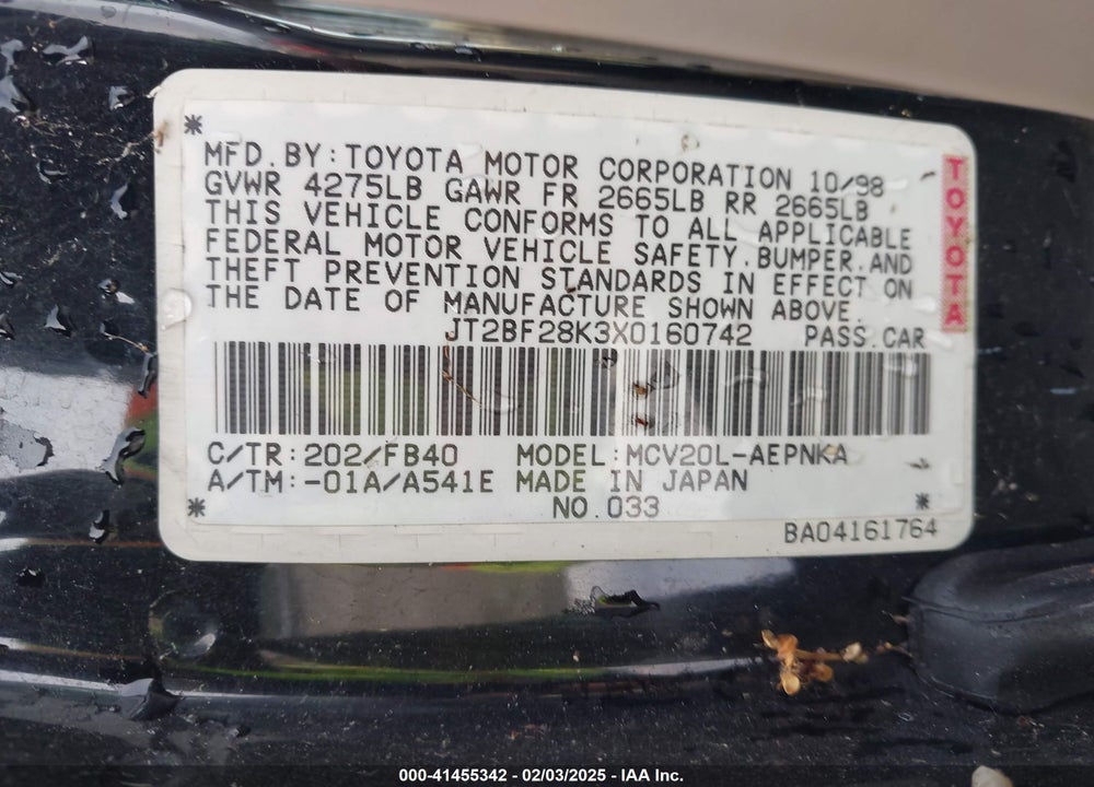 1999 TOYOTA CAMRY LE V6 VIN: JT2BF28K3X0160742