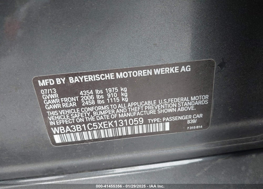 2014 BMW 320I VIN: WBA3B1C5XEK131059