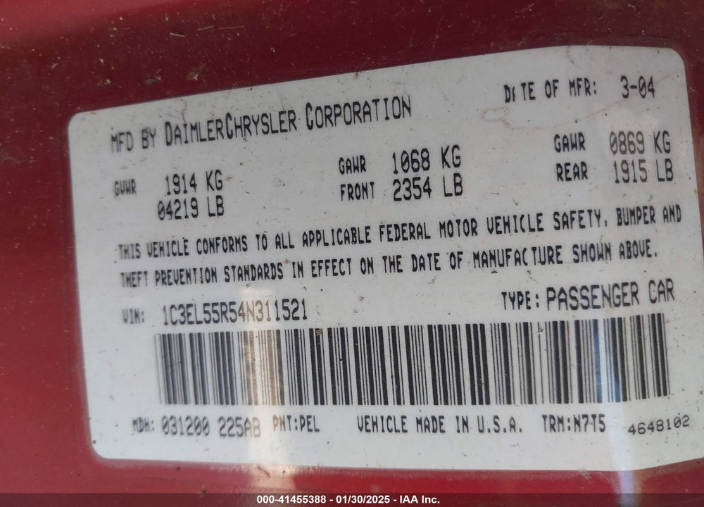 2004 CHRYSLER SEBRING LXI VIN: 1C3EL55R54N311521