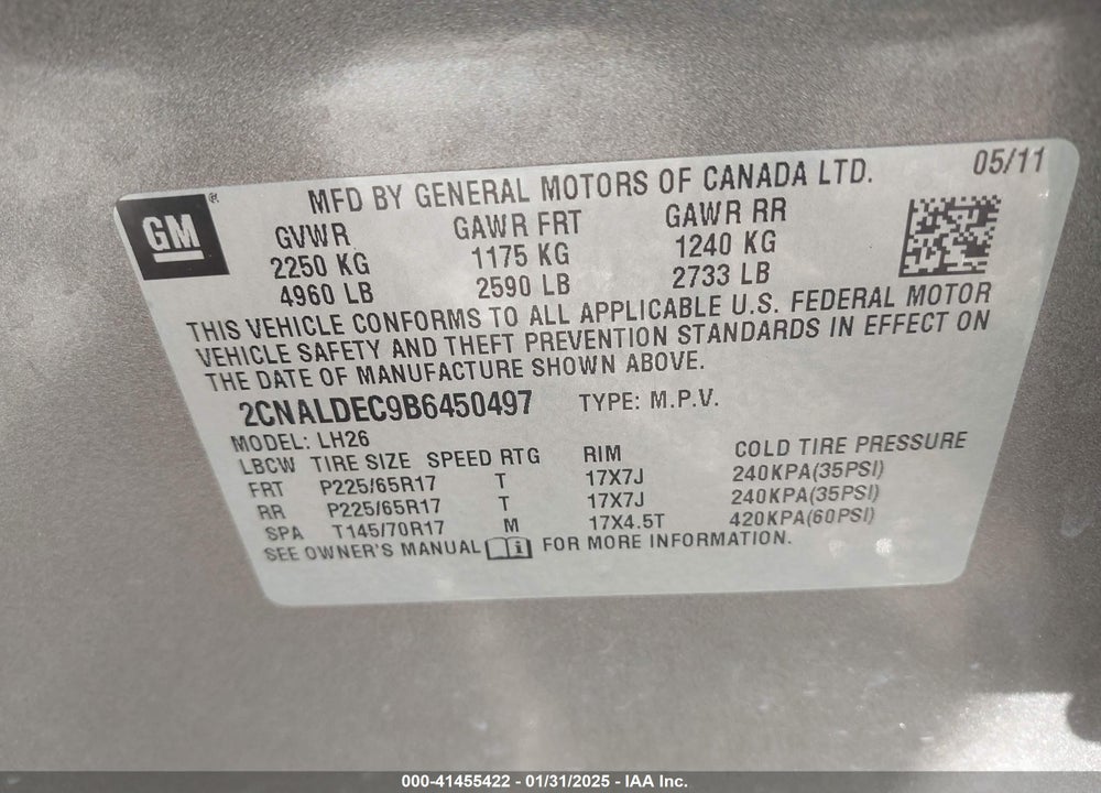 2011 CHEVROLET EQUINOX 1LT VIN: 2CNALDEC9B6450497