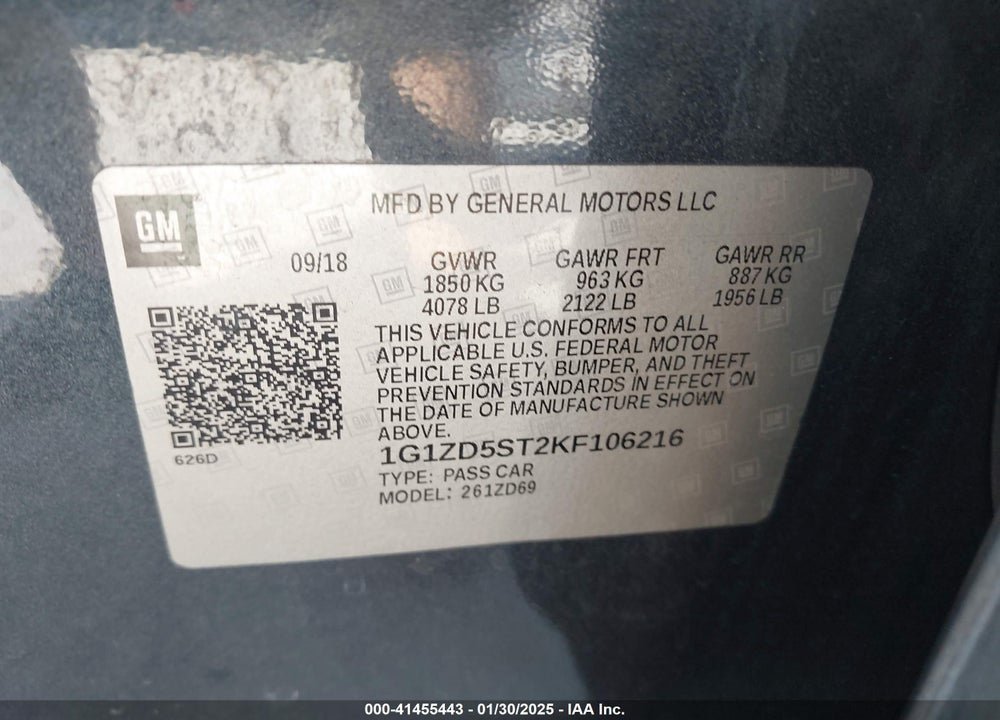 2019 CHEVROLET MALIBU VIN: 1G1ZD5ST2KF106216