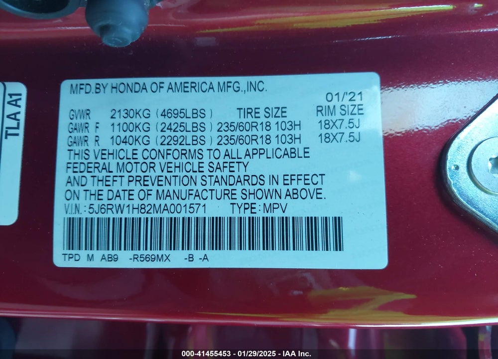 2021 HONDA CR-V 2WD EX-L VIN: 5J6RW1H82MA001571