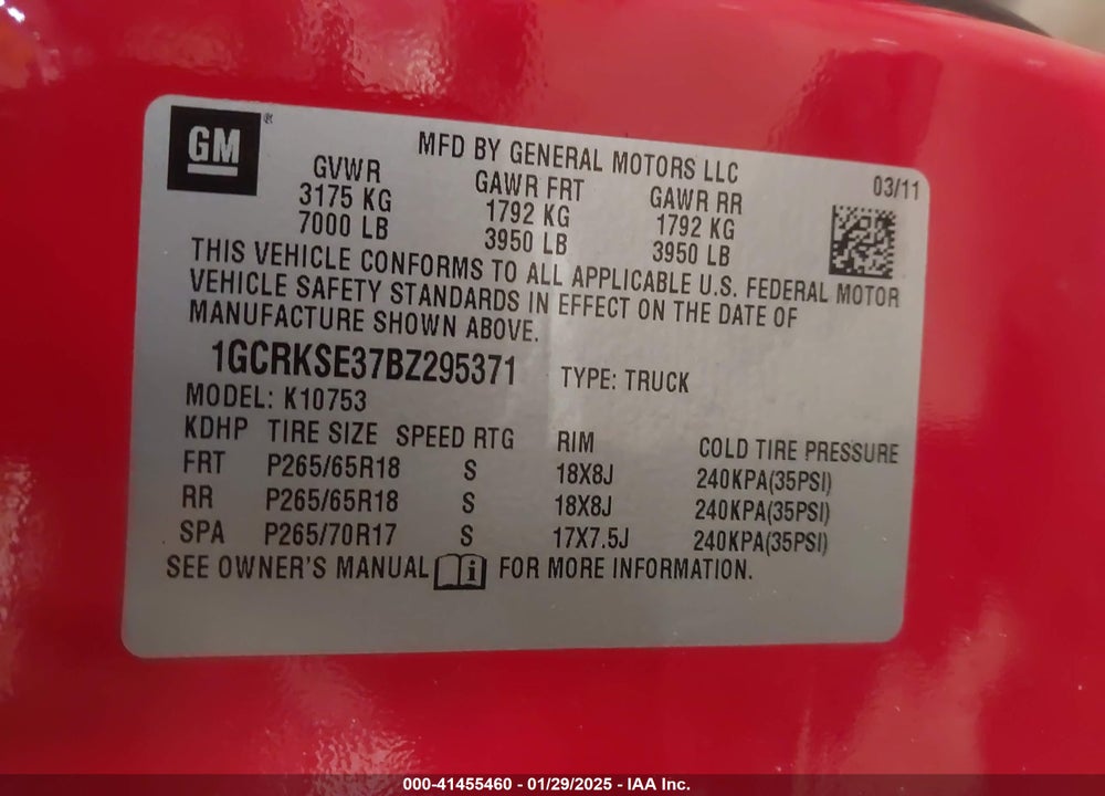 2011 CHEVROLET SILVERADO VIN: 1GCRKSE37BZ295371