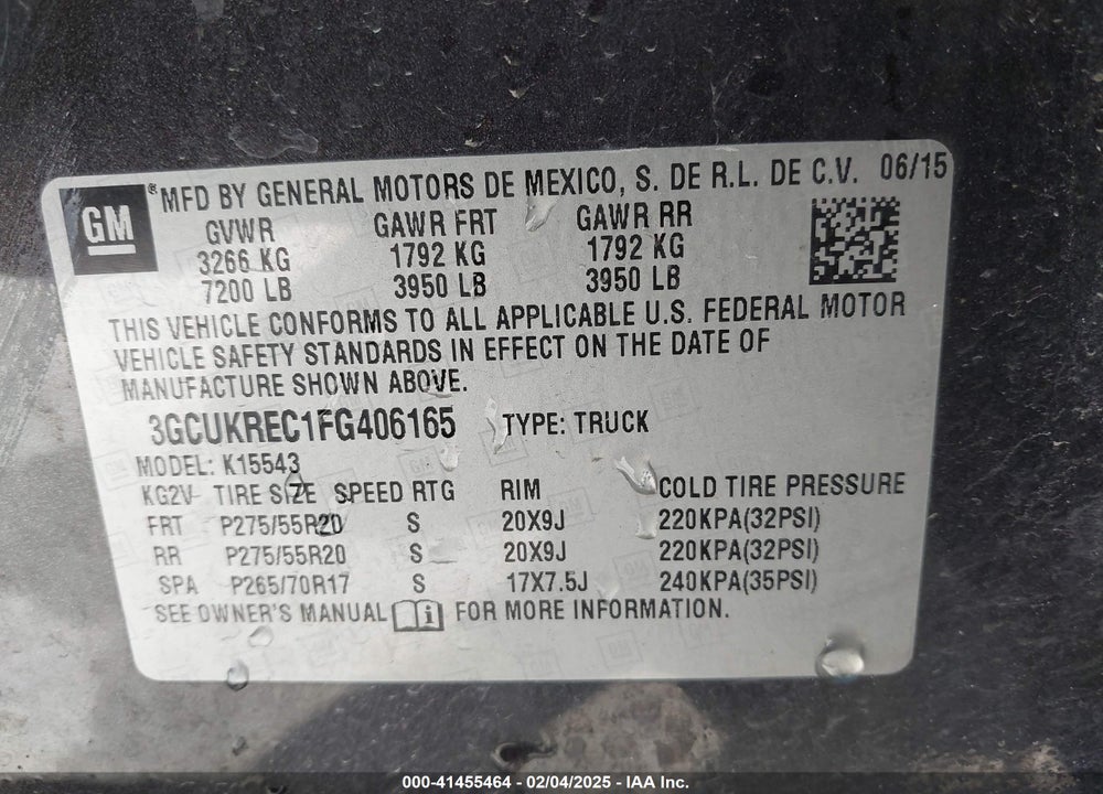 2015 CHEVROLET SILVERADO 1500 VIN: 3GCUKREC1FG406165