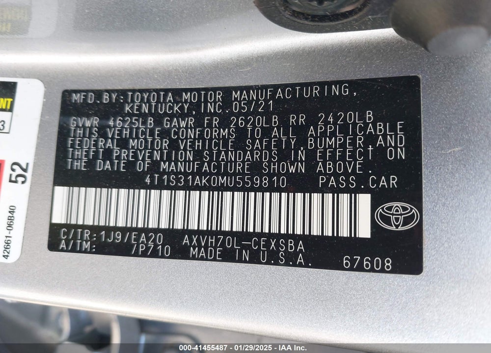 2021 TOYOTA CAMRY VIN: 4T1S31AK0MU559810
