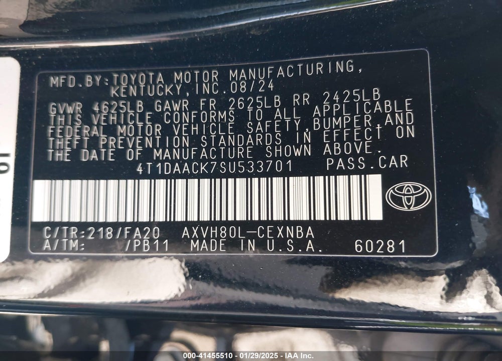 2025 TOYOTA CAMRY VIN: 4T1DAACK7SU533701