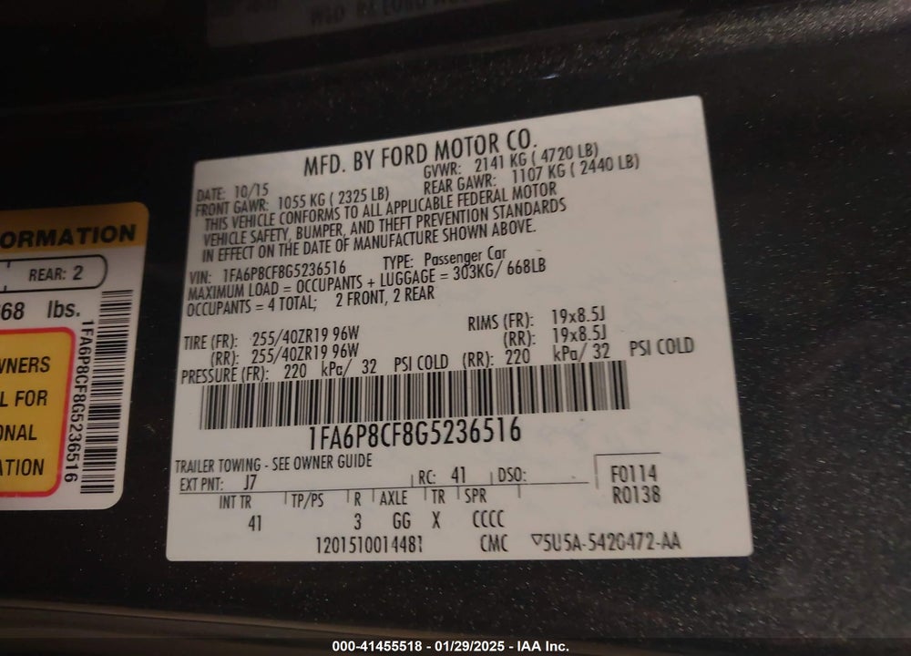 2016 FORD MUSTANG VIN: 1FA6P8CF8G5236516