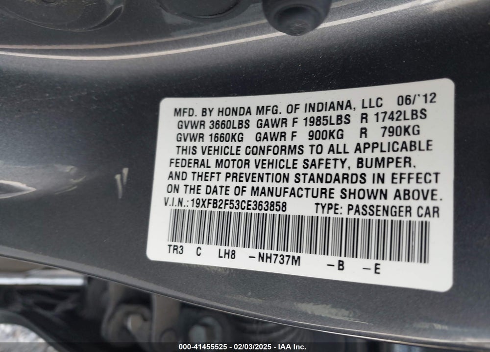2012 HONDA CIVIC LX VIN: 19XFB2F53CE363858