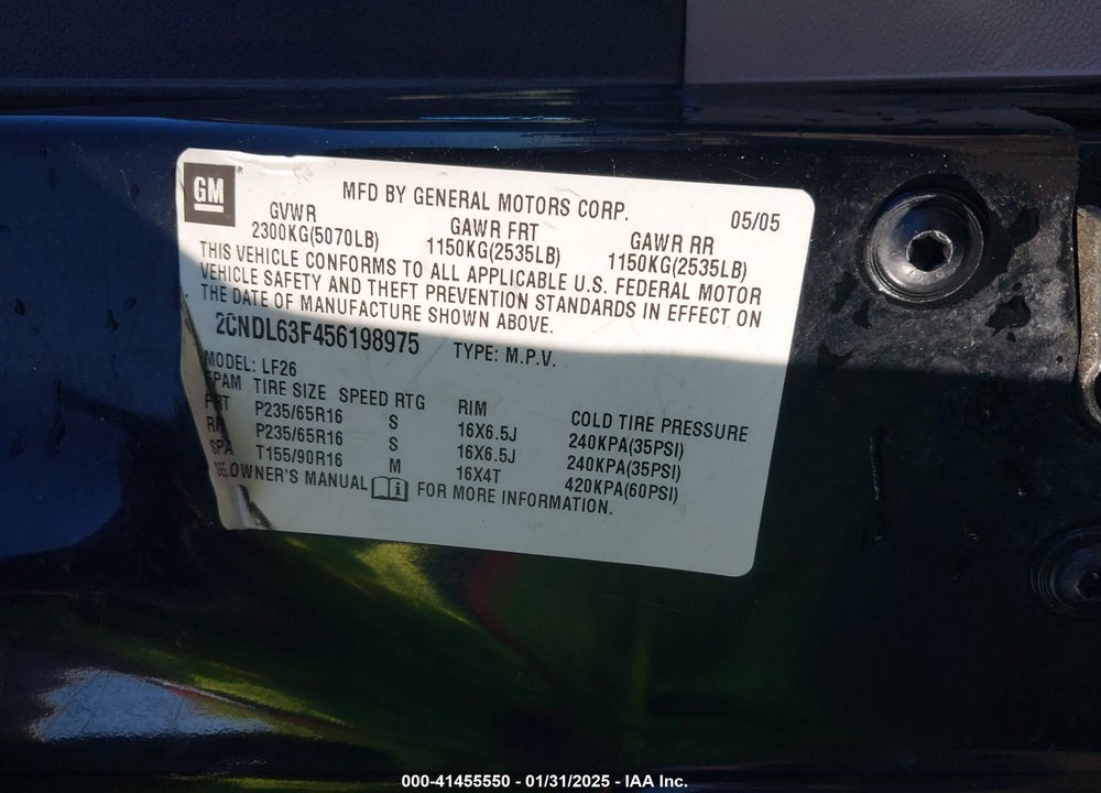 2005 CHEVROLET EQUINOX LT VIN: 2CNDL63F456198975