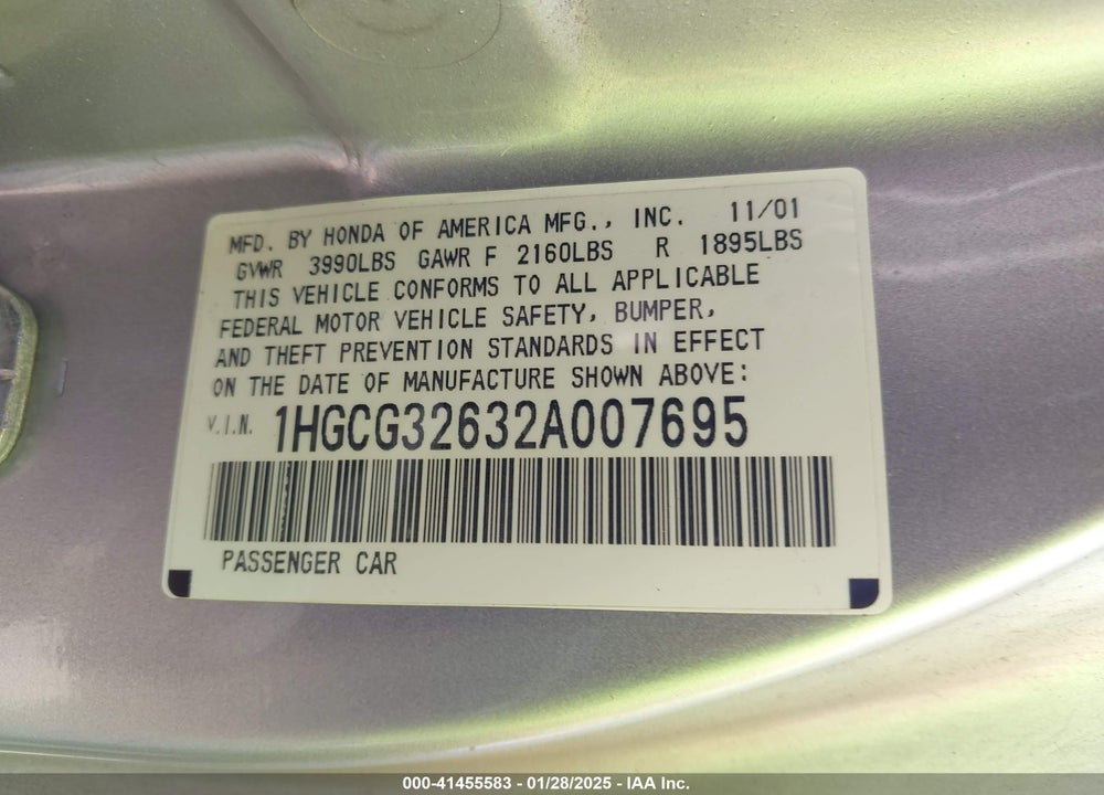 2002 HONDA ACCORD 2.3 LX VIN: 1HGCG32632A007695
