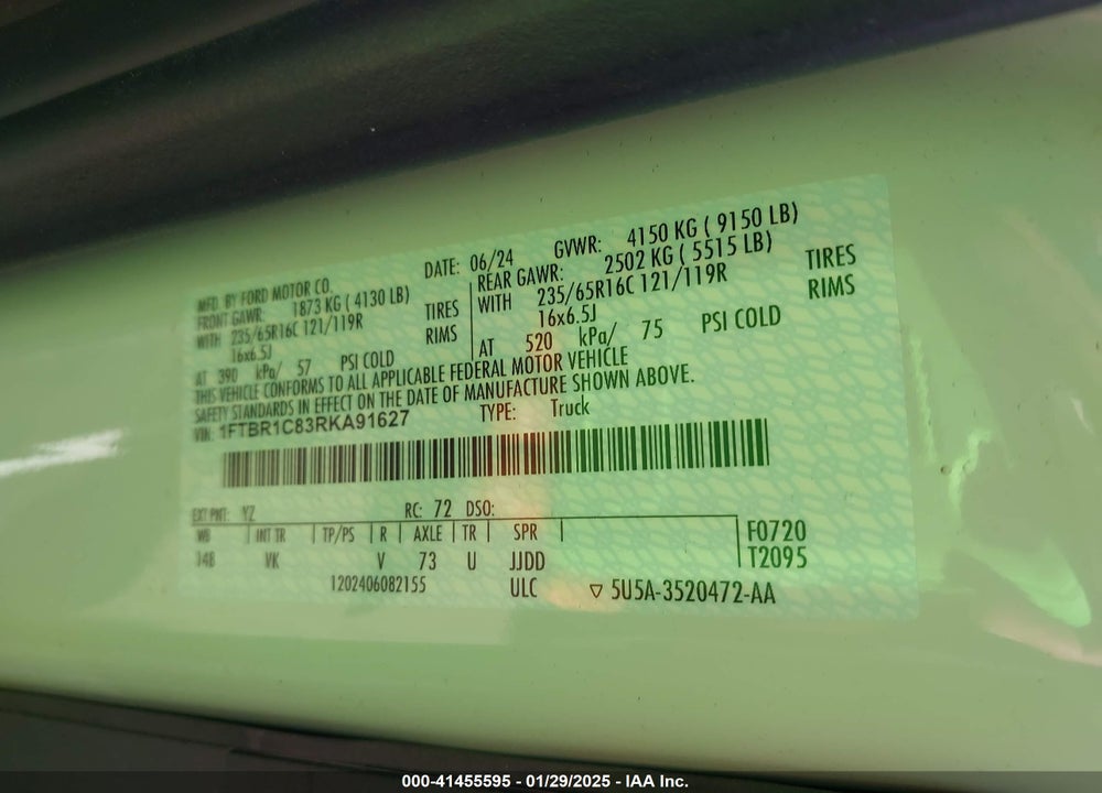 2024 FORD TRANSIT-250 VIN: 1FTBR1C83RKA91627