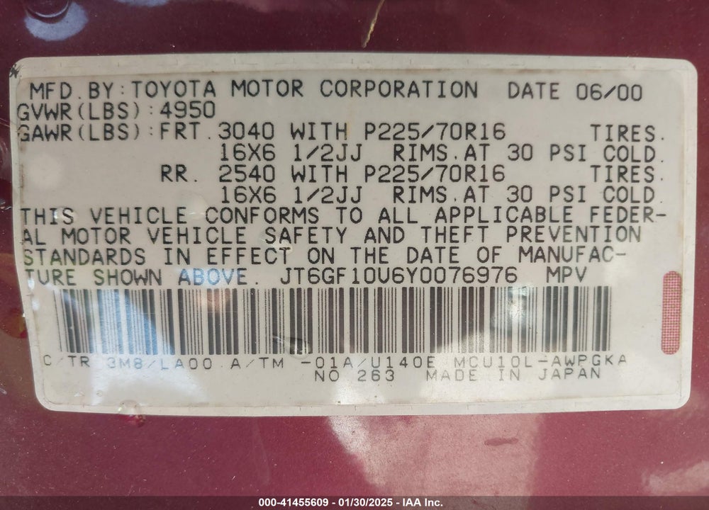 2000 LEXUS RX 300 VIN: JT6GF10U6Y0076976