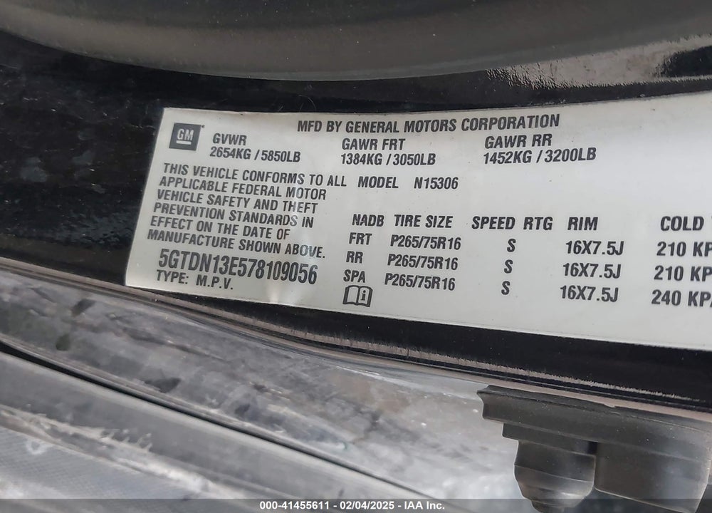 2007 HUMMER H3 SUV VIN: 5GTDN13E578109056