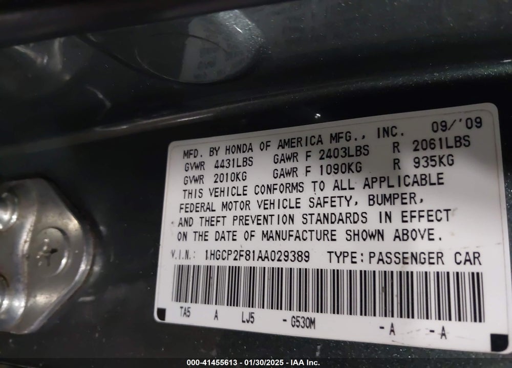 2010 HONDA ACCORD EXL VIN: 1HGCP2F81AA029389