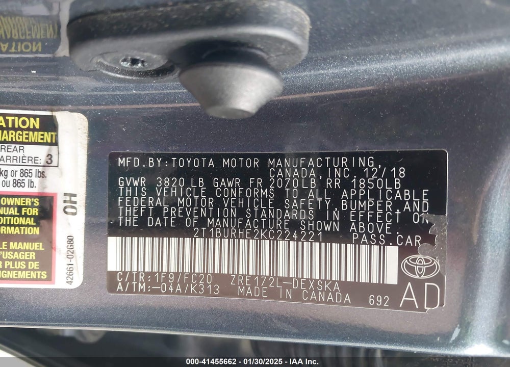 2019 TOYOTA COROLLA VIN: 2T1BURHE2KC224221