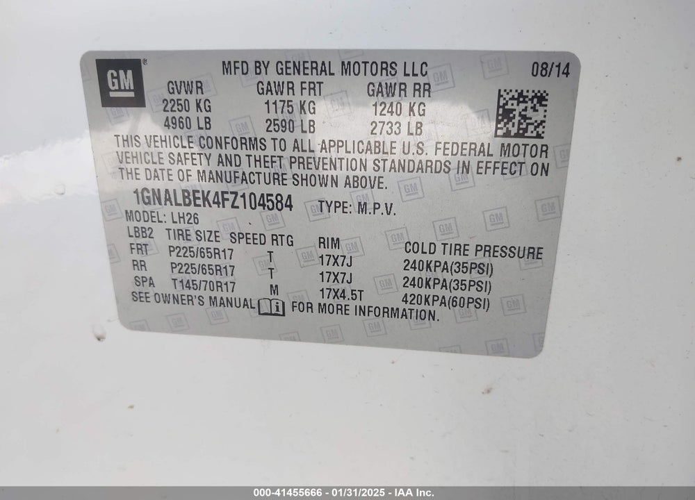 2015 CHEVROLET EQUINOX 1LT VIN: 1GNALBEK4FZ104584