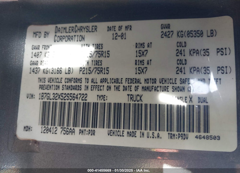 2002 DODGE DAKOTA SPORT VIN: 1B7GL32X52S564722