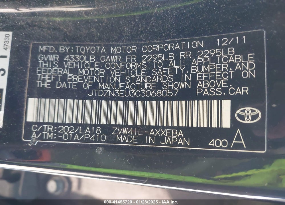 2012 TOYOTA PRIUS V VIN: JTDZN3EU3C3068057