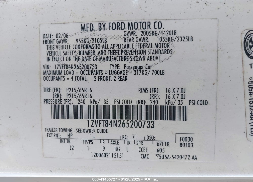 2006 FORD MUSTANG V6 VIN: 1ZVFT84N265200733