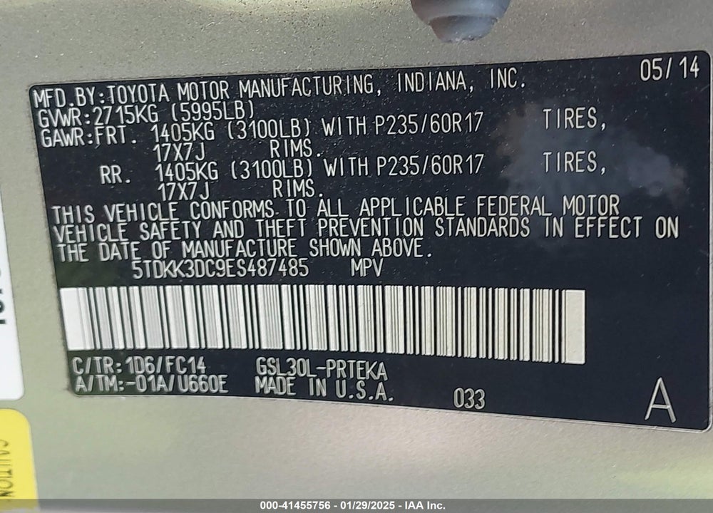 2014 TOYOTA SIENNA LE V6 8 PASSENGER VIN: 5TDKK3DC9ES487485