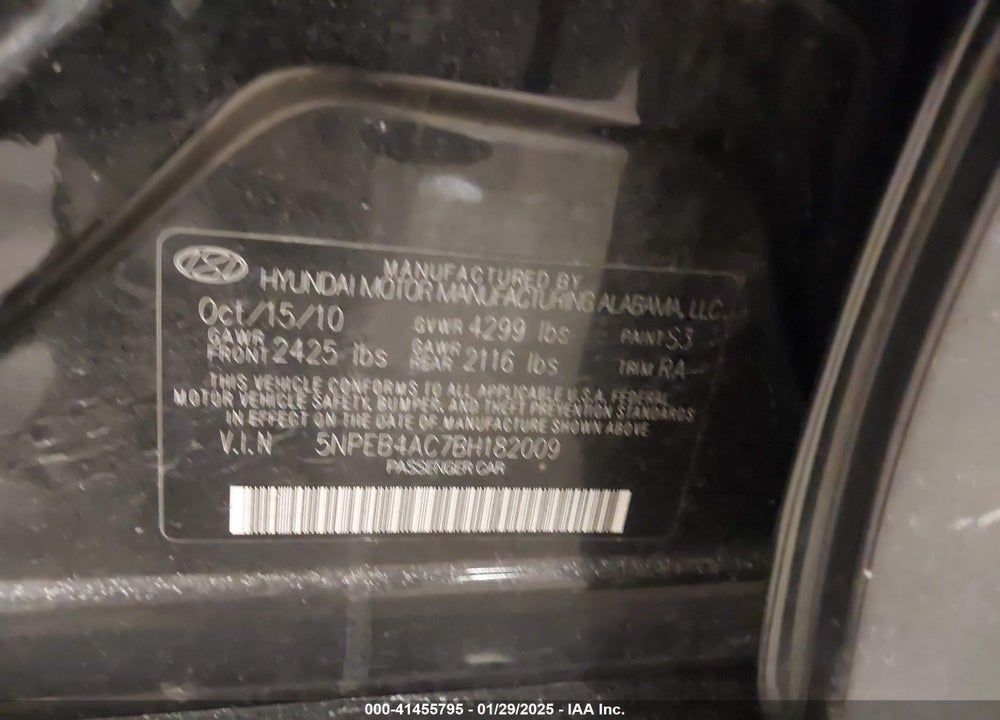 2011 HYUNDAI SONATA VIN: 5NPEB4AC7BH182009