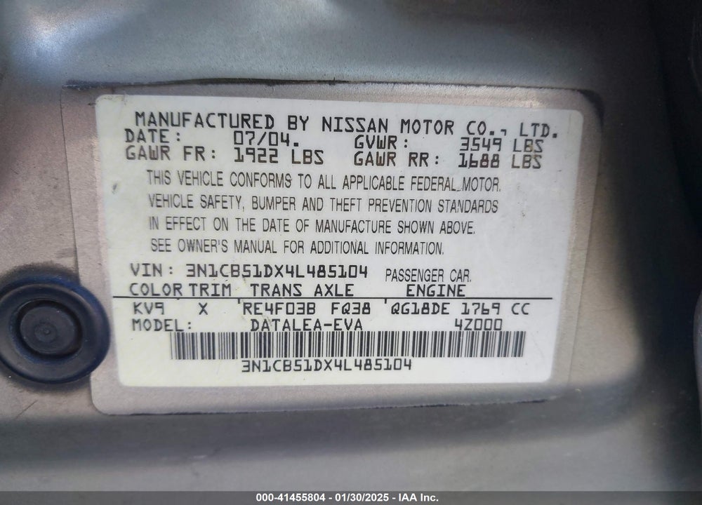 2004 NISSAN SENTRA 1.8S VIN: 3N1CB51DX4L485104