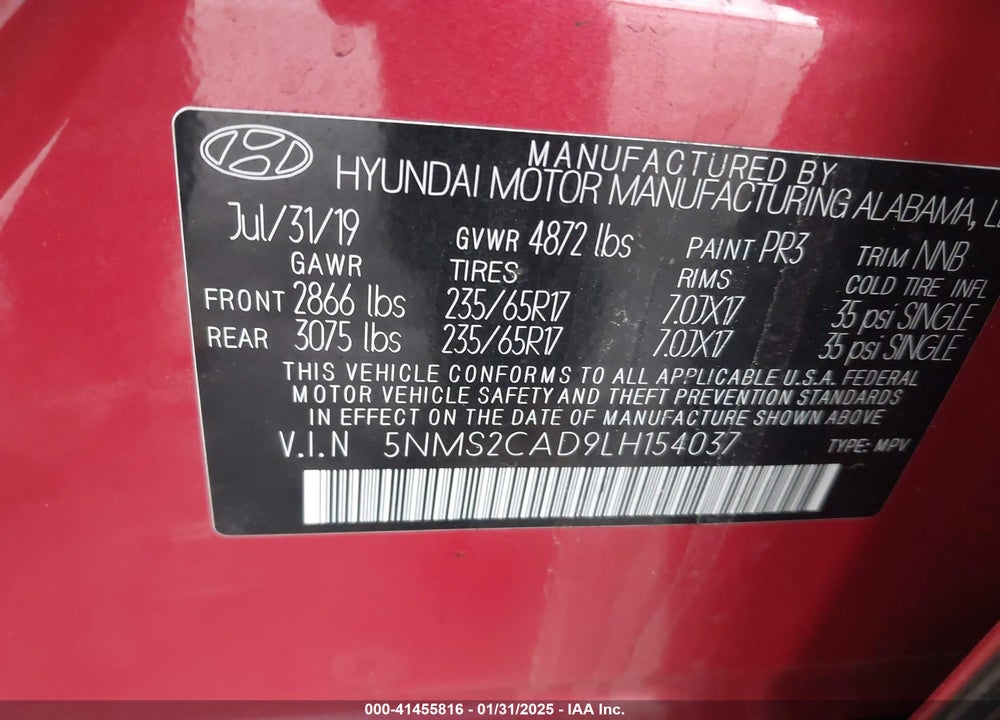 2020 HYUNDAI SANTA FE SE VIN: 5NMS2CAD9LH154037