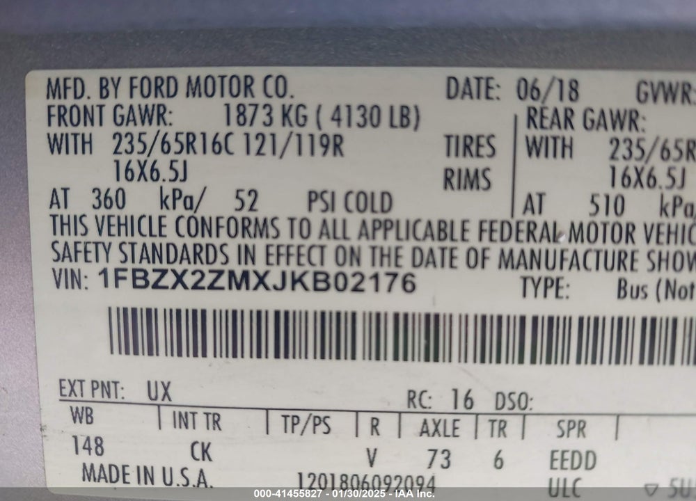 2018 FORD TRANSIT-350 XLT VIN: 1FBZX2ZMXJKB02176