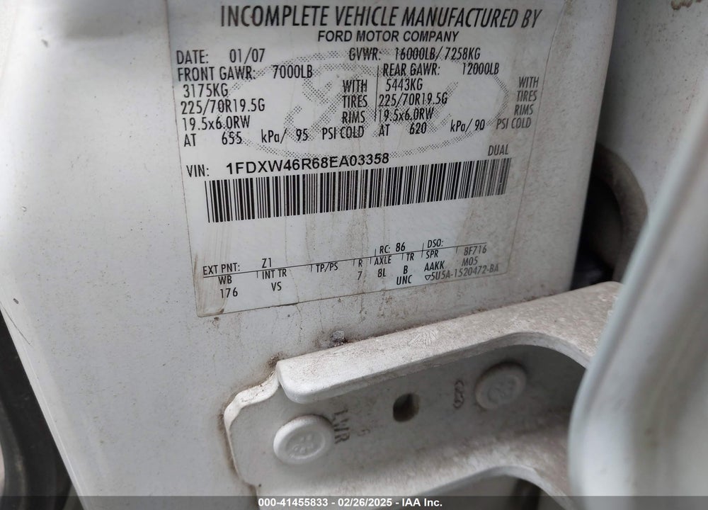 2008 FORD F-450 CHASSIS LARIAT/XL/XLT VIN: 1FDXW46R68EA03358