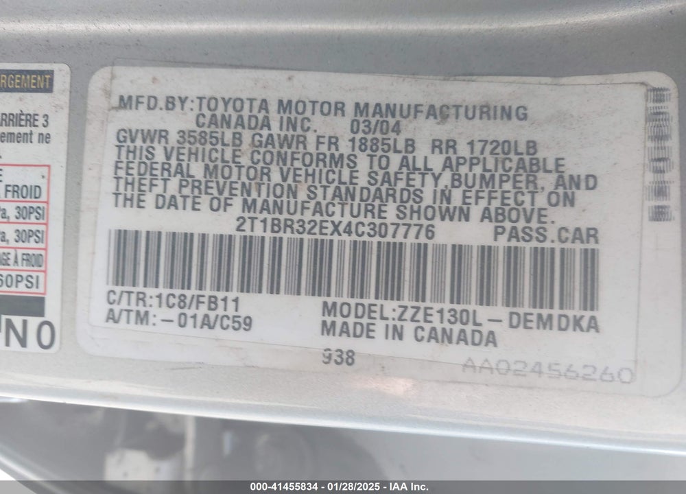 2004 TOYOTA COROLLA CE VIN: 2T1BR32EX4C307776