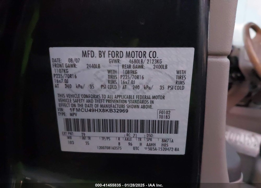 2008 FORD ESCAPE HYBRID VIN: 1FMCU49HX8KB32969