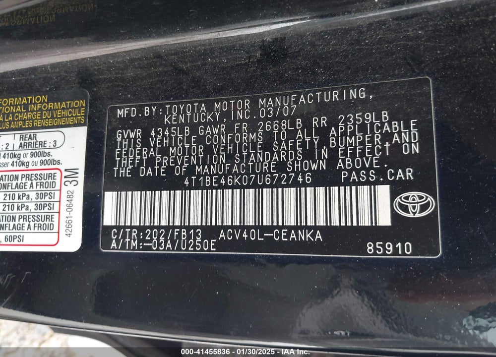 2007 TOYOTA CAMRY CE VIN: 4T1BE46K07U672746