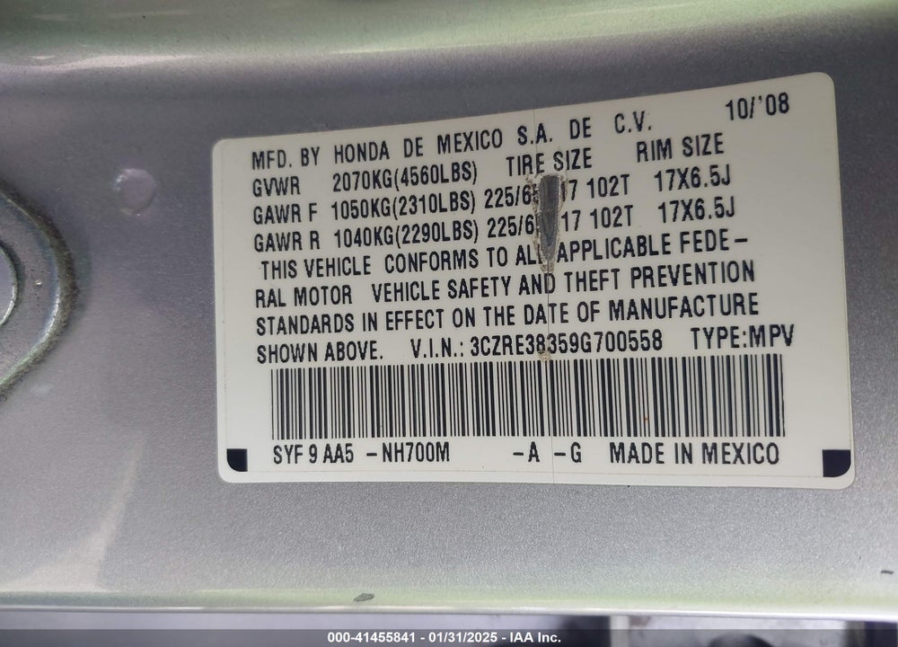2009 HONDA CR-V LX VIN: 3CZRE38359G700558