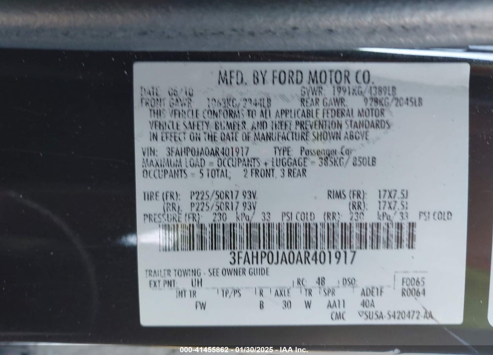 2010 FORD FUSION VIN: 3FAHP0JA0AR401917